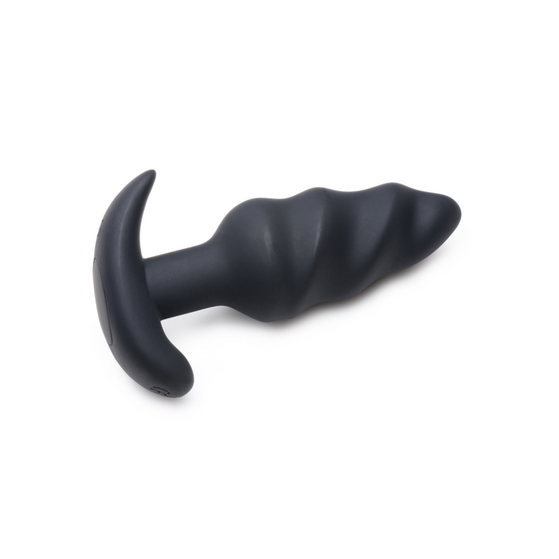 Bang! Ultra Swirl vibrating anal plug in black: twisted silicone plug with a curved flared base