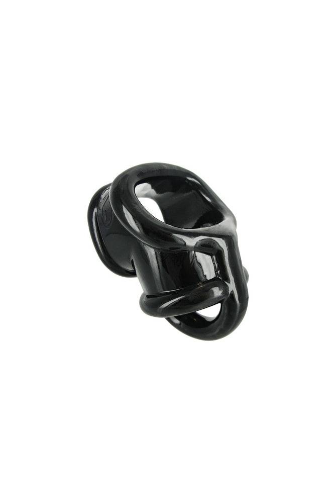 Master Series Annex erection enhancer: glossy black T-style cock and ball divider ring