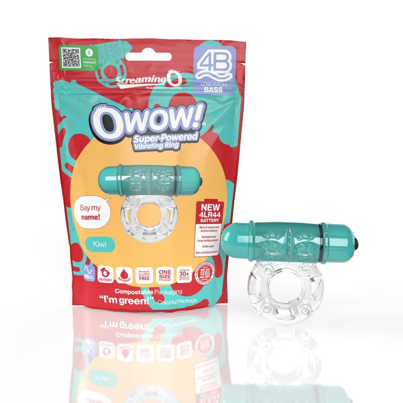 Screaming O 4B Owow vibrating ring: clear stretchy cock ring with a kiwi green bullet, beside its package