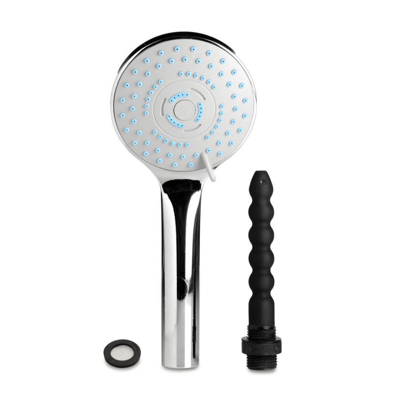 CleanStream Discreet Shower Nozzle: chrome shower head with hidden black ribbed silicone douche nozzle and washer