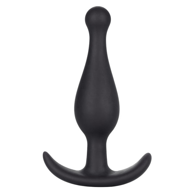 CalExotics Booty Call Booty Rocker: black silicone anal plug with a rounded tip, bulb shaft and curved anchor base