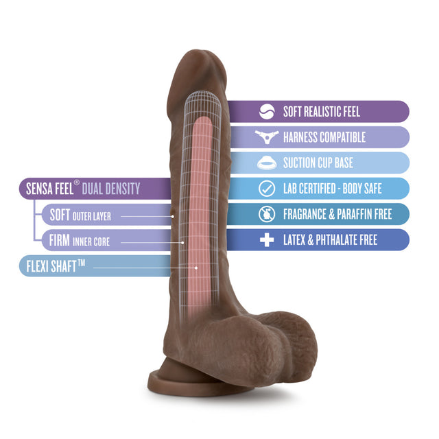 Blush Au Naturel Mr. Perfect 8.5 in Dildo in chocolate: Sensa Feel dual density realistic dildo with balls and suction cup