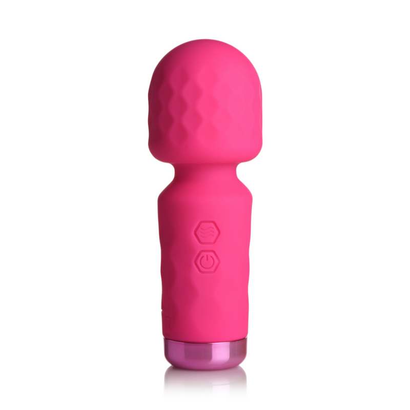 Bang! 10X mini silicone wand vibrator in pink: textured round head, two buttons and a metallic base