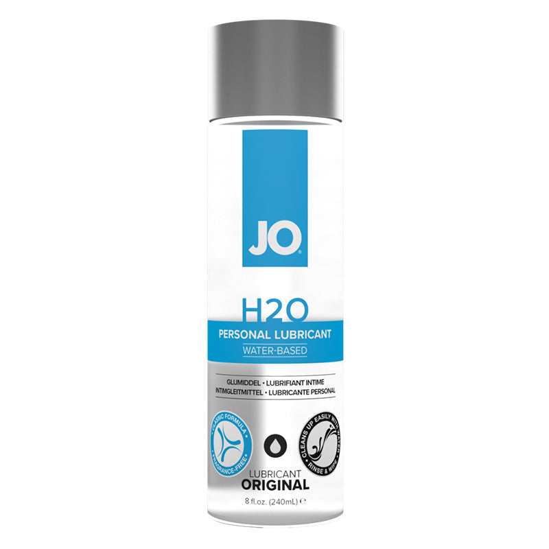 JO H2O Original, 8 oz: water-based lubricant in a clear bottle with a blue label