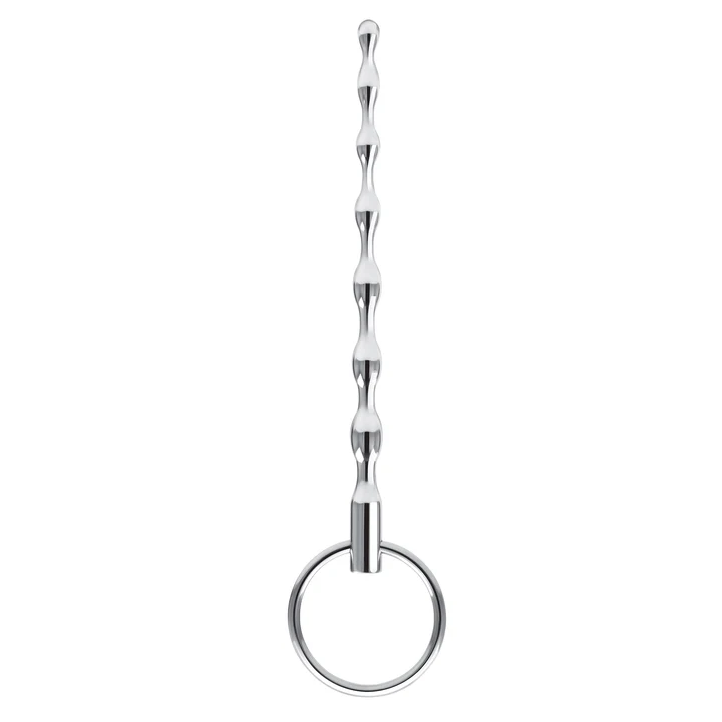 Blue Line ribbed stainless steel urethral sound: polished rippled rod with a pull ring, front view