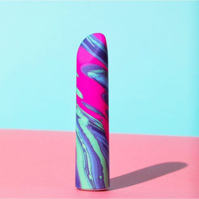 Blush Limited Addiction Sublime: rechargeable bullet vibrator with a pink, teal and blue swirl finish and angled tip