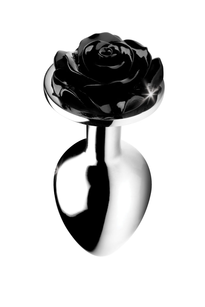Booty Sparks Black Rose anal plug, small: polished aluminum plug with a black rose base