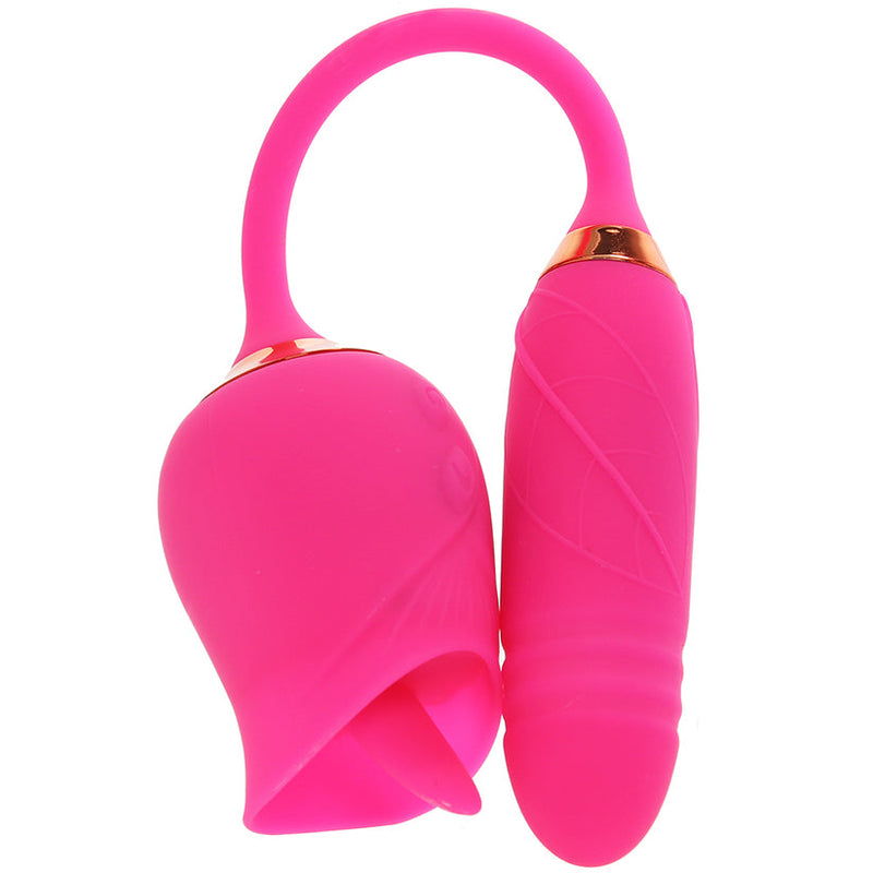 Pink Pussycat Licking Rose: pink rose-shaped tongue vibrator joined by a cord to a ribbed vibrating bullet, rose gold trim