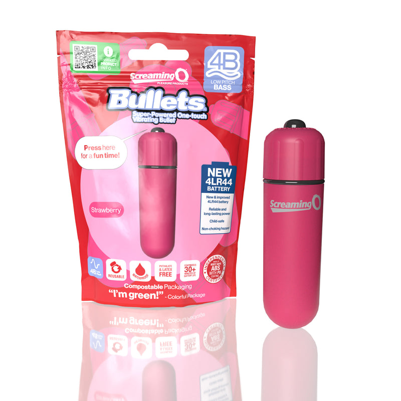 Screaming O 4B Bullet in strawberry: pink one-touch vibrating bullet beside its package, new 4LR44 battery