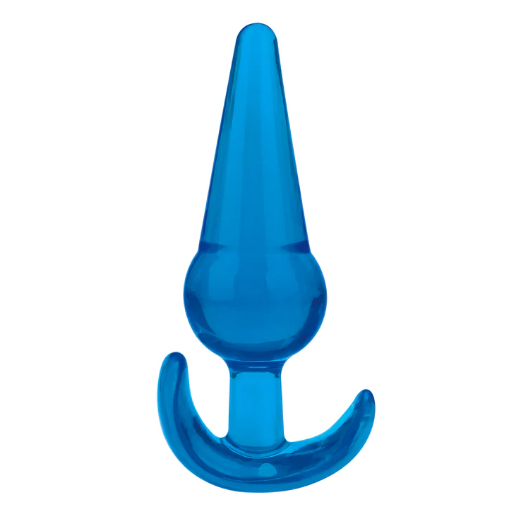 Blue Line Tapered Anal Plug 5 in: translucent blue jelly butt plug with a pointed tip, bulb and anchor base