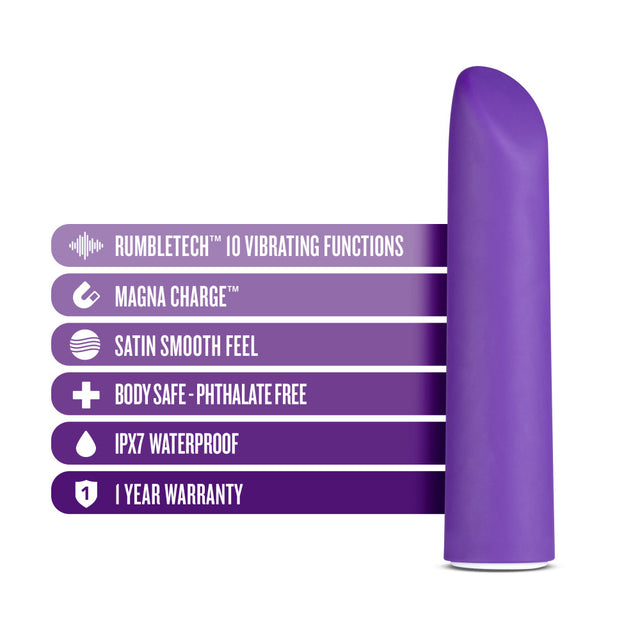 Blush Wellness Power Vibe in purple: silicone bullet vibrator with an angled tip. 10 Rumble Tech functions, IPX7 waterproof