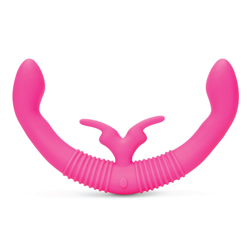 Together Vibes Original in pink: U-shaped double-ended silicone couples vibrator with a ribbed center and bunny ear tickler