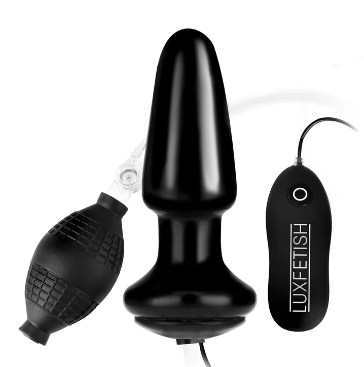 Lux Fetish 4 in Inflatable Vibrating Anal Plug: black butt plug with a hand pump and wired remote
