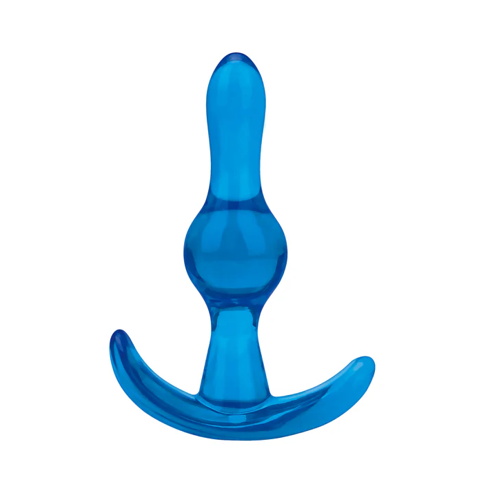 Blue Line Tear Drop Anal Plug 3.5 in: translucent blue jelly butt plug with a rounded tip, bulb and anchor base