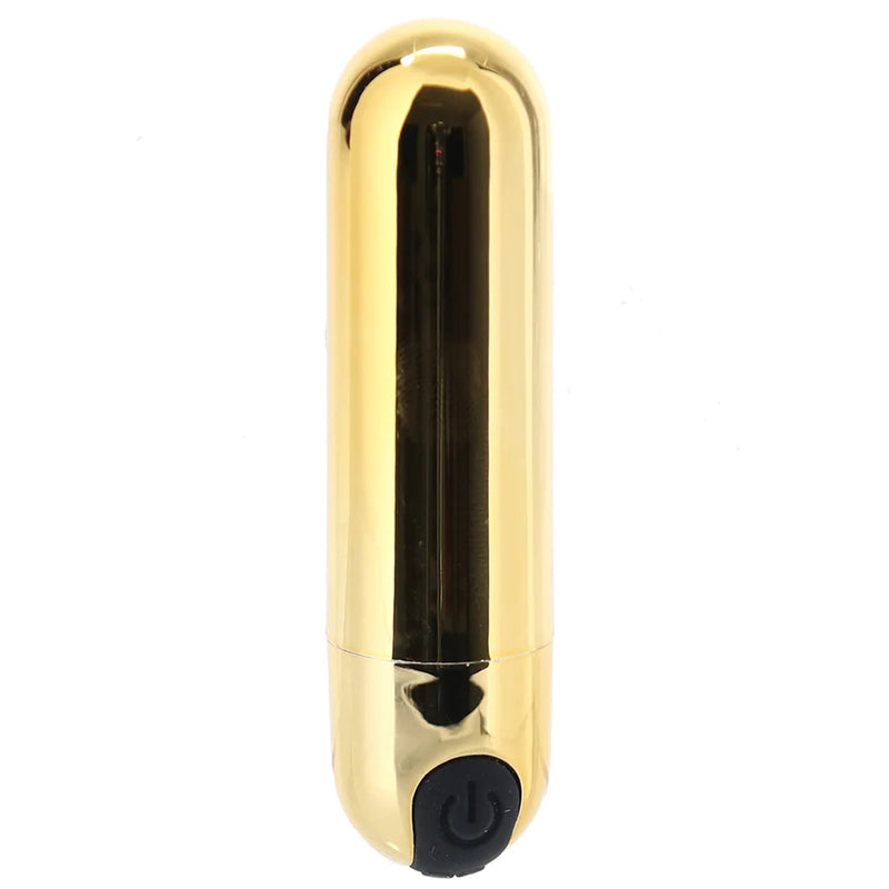 Pink Pussycat Bullet in gold: shiny gold metallic bullet vibrator with a black power button on the base