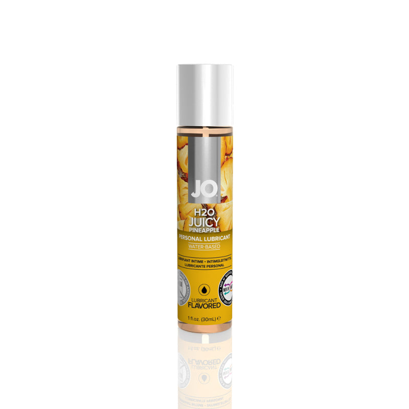 JO H2O Juicy Pineapple, 1 oz: water-based flavored lubricant in a clear bottle with a yellow pineapple label