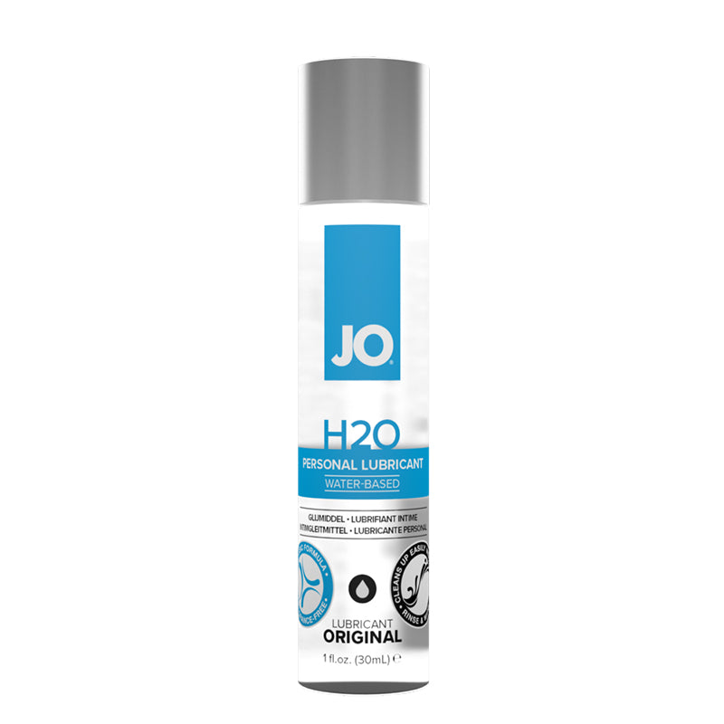 JO H2O Original, 1 oz: water-based lubricant in a small clear bottle with a blue label
