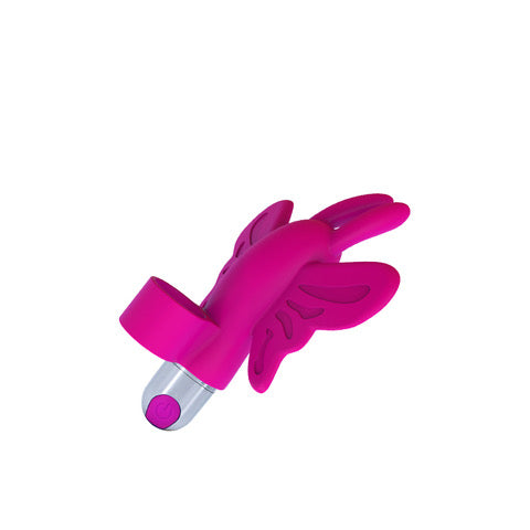 The Pleasure Co Butterfly XO: pink silicone butterfly finger vibrator with wings, antennae, finger loop and silver bullet
