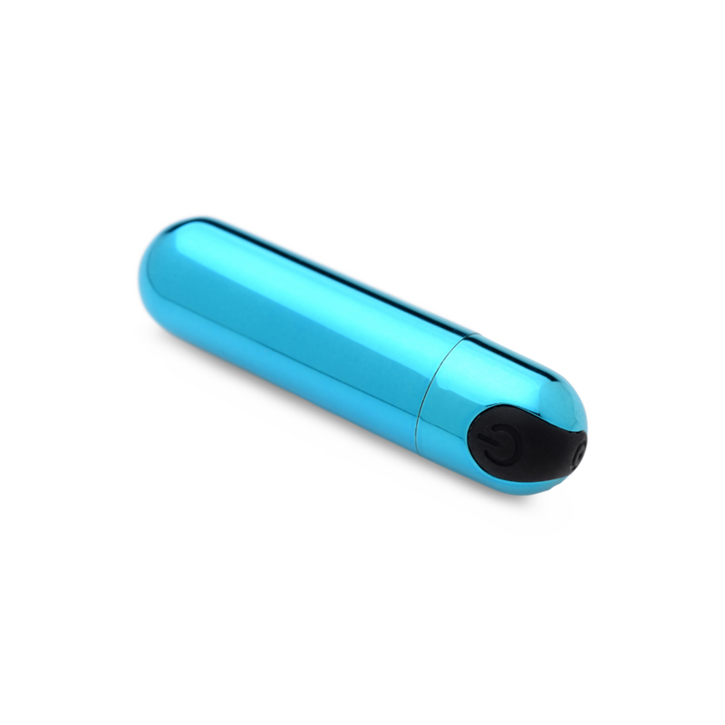 Bang! metallic bullet vibrator in shiny blue with a black power button