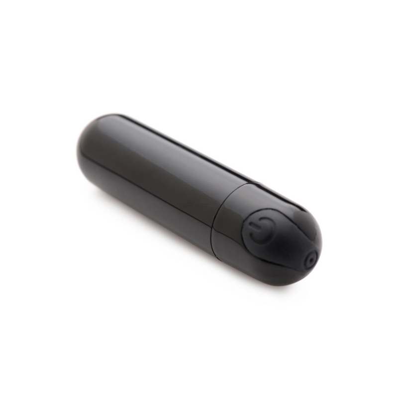 Bang! metallic bullet vibrator in shiny black with a black power button