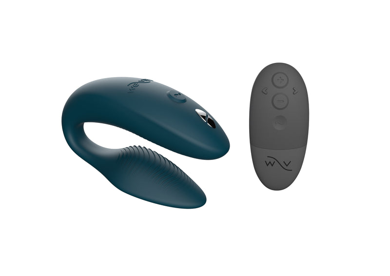 We-Vibe Sync in green: C-shaped couples vibrator with a ribbed inner arm, shown with its gray remote