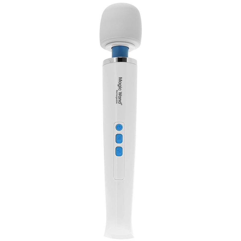 Magic Wand Rechargeable: white cordless wand vibrator with a gray head, blue neck and three blue buttons