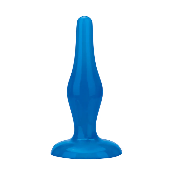 Blue Line Easy Insertion anal plug 4.75 in: slim blue tapered plug with a flared suction base