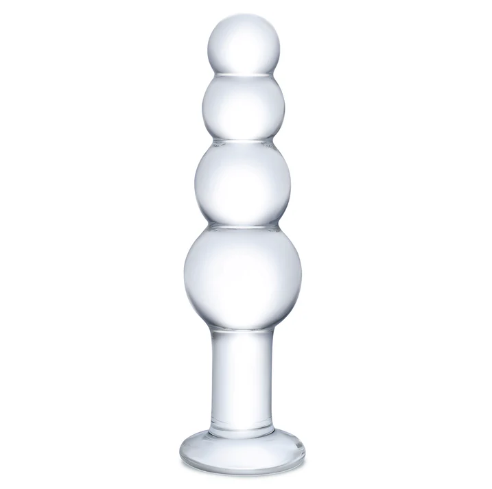 Glas Beaded Anal Plug 7.25 in: clear glass plug with four graduated beads and a flat round base