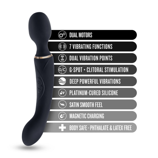 Blush Gia Wand in black: dual ended silicone wand massager and G-spot vibrator with gold trim. Dual motors, 7 functions