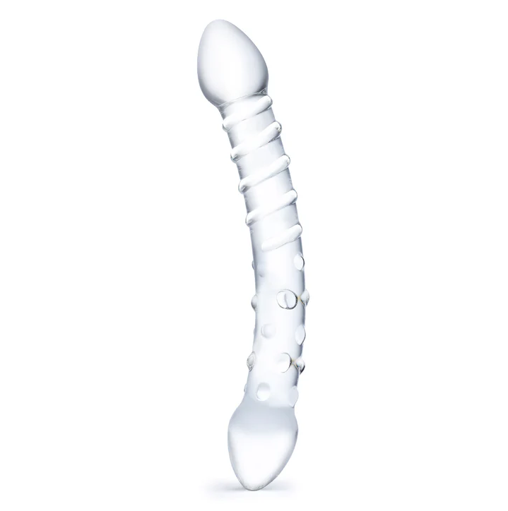 Glas Double Trouble 10 in: clear glass double-ended dildo with a curved shaft, spiral ribs and raised dots