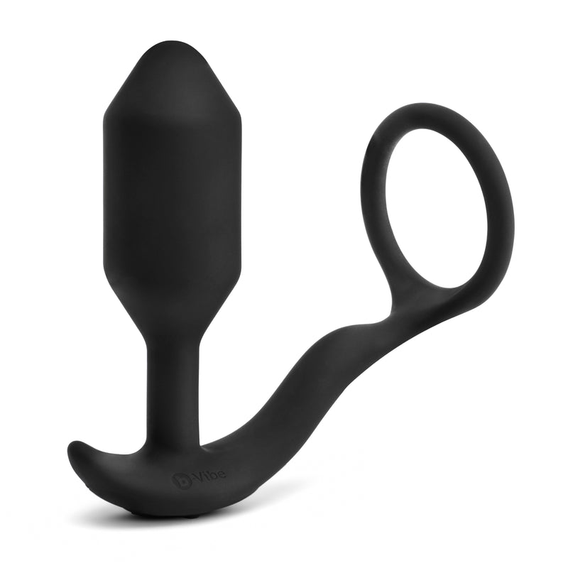 b-Vibe Vibrating Snug and Tug in black, medium: vibrating weighted butt plug joined to a cock ring by a flexible strap