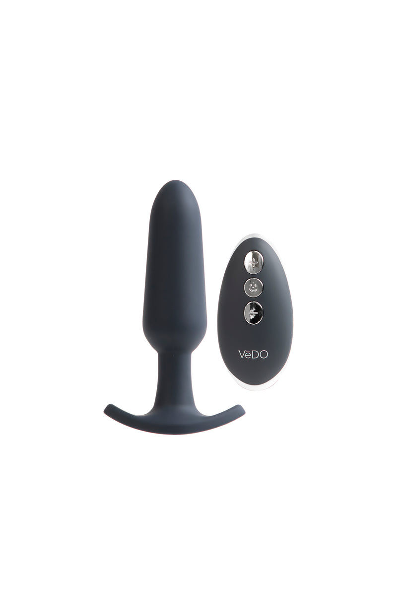 VeDO Bump Plus in black: rechargeable vibrating silicone anal plug with a T-shaped base and wireless remote