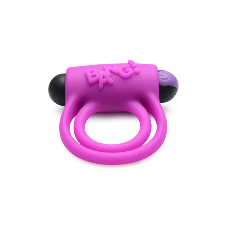 Bang! Ultra vibrating cock ring with remote in purple: dual silicone rings with a raised Bang! logo bullet
