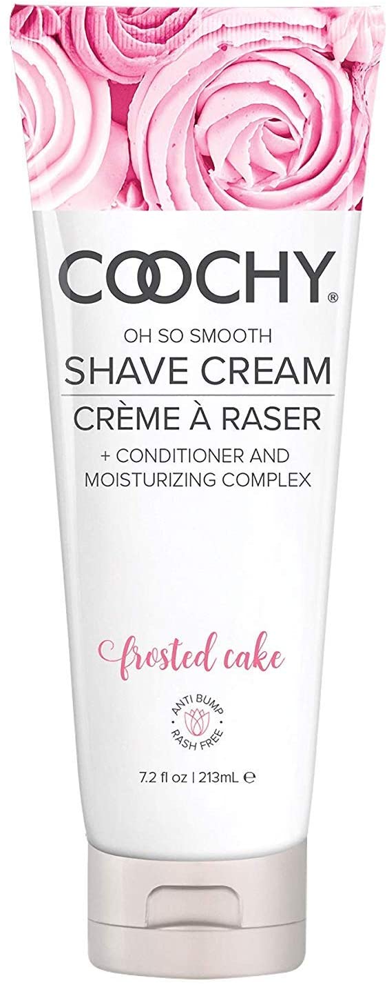 Coochy Shave Cream in Frosted Cake, 7.2 oz: white squeeze tube with a pink frosting design