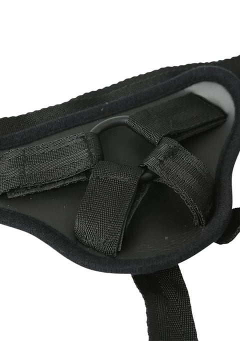 Sportsheets Deep Dive Strap-On: black strap-on harness with an O-ring and hook and loop straps, close-up