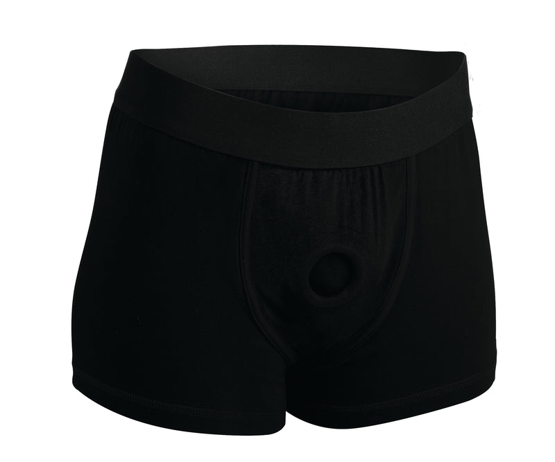 Active strap-on harness boxer briefs in black: cotton stretch underwear with a front O-ring opening