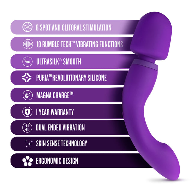 Blush Wellness Dual Sense: purple dual-ended silicone body wand with a curved G-spot end. 10 Rumble Tech functions