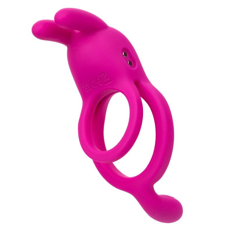 CalExotics Closer Intimate Rechargeable Ring Touch: magenta silicone vibrating cock ring with bunny ears and a taint tickler