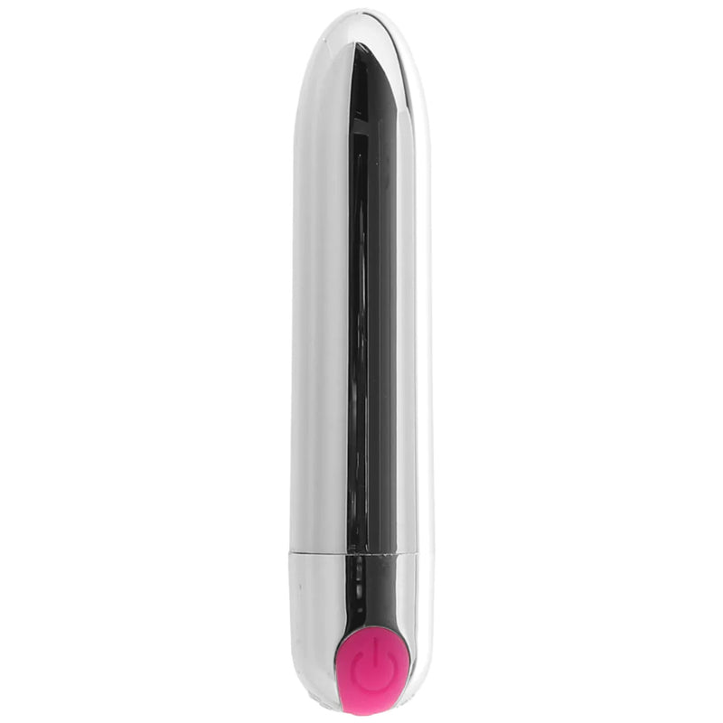 Pink Pussycat Bullet in silver: shiny chrome bullet vibrator with a pink power button on the base
