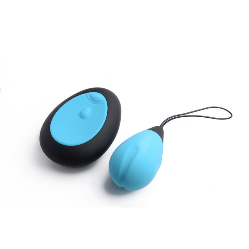 Bang! Ultra vibrating egg with remote in blue: indented blue silicone egg with retrieval loop and egg-shaped remote