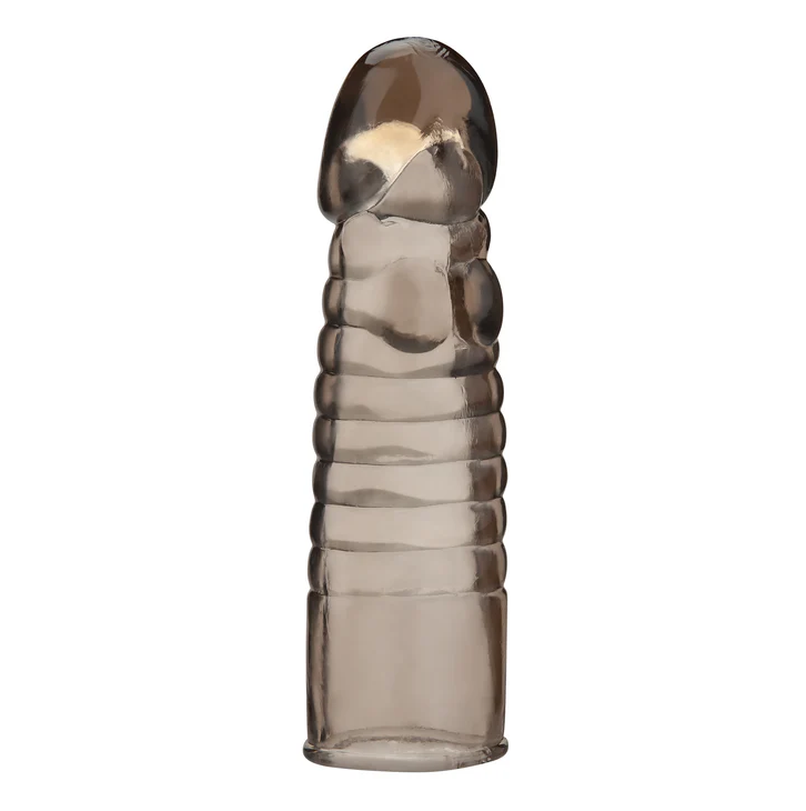 Blue Line 6 in ribbed penis extension sleeve: smoke gray see-through sleeve with ribbed texture and a realistic head