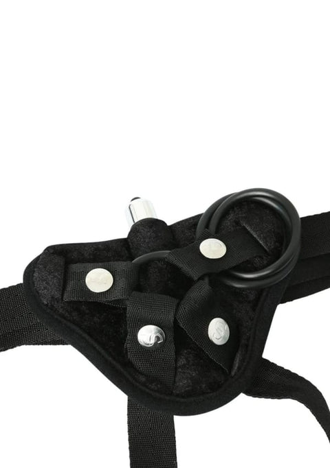 Sportsheets Black Velvet Strap-On and Vibe: black velvet strap-on harness with an O-ring, snap straps and a bullet vibrator