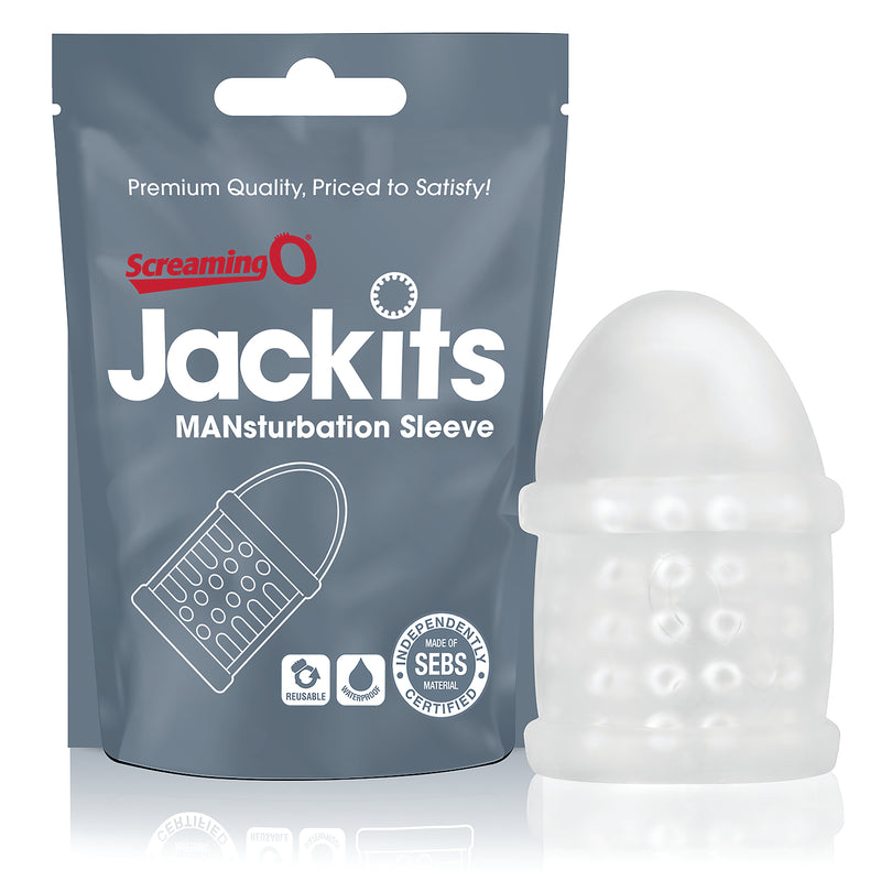 Screaming O Jackits MANsturbation Sleeve: clear stretchy nubbed stroker sleeve beside its grey package