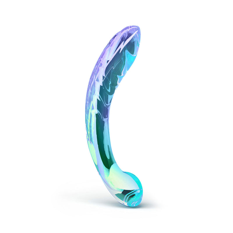 Biird Kalii glass G-spot dildo: iridescent blue and teal curved glass wand with a bulb tip and round end