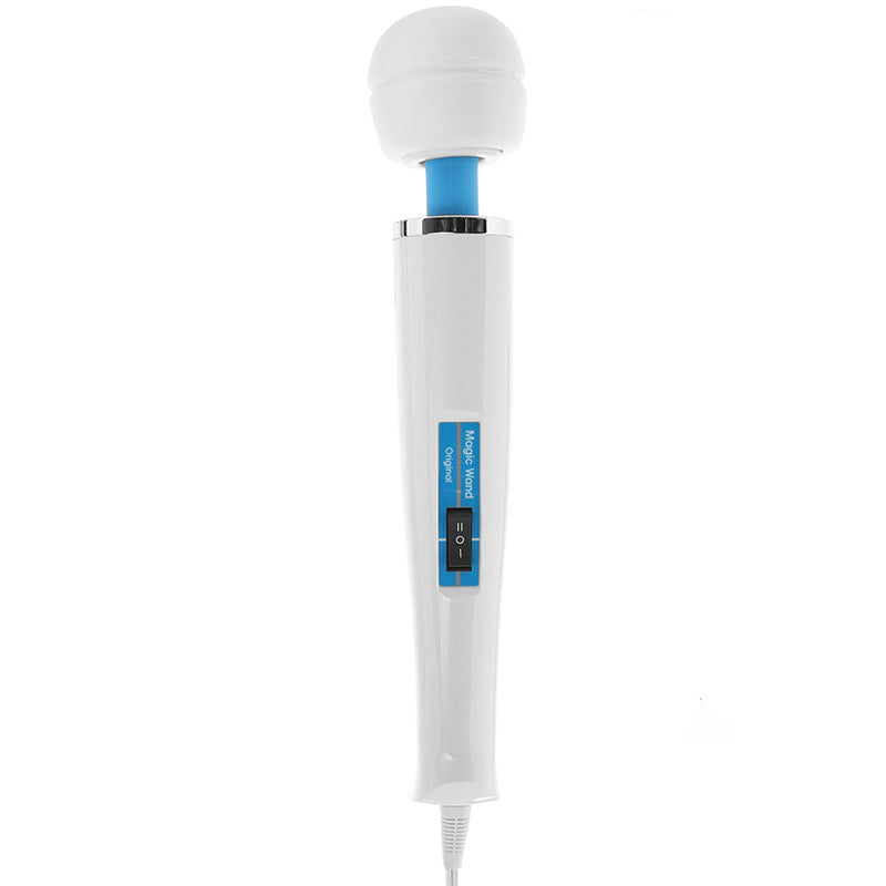 Magic Wand Original: white plug-in wand massager with a round white head, blue neck and power cord