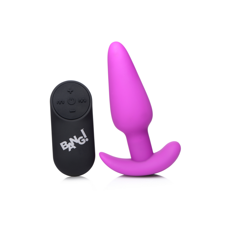 Bang! Ultra vibrating anal plug with remote in purple: tapered purple silicone plug with flared base and black remote