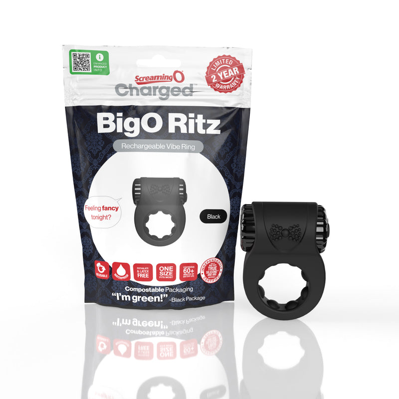 Screaming O Charged Big O Ritz in black: rechargeable vibrating cock ring with a nubbed inner ring, beside its package