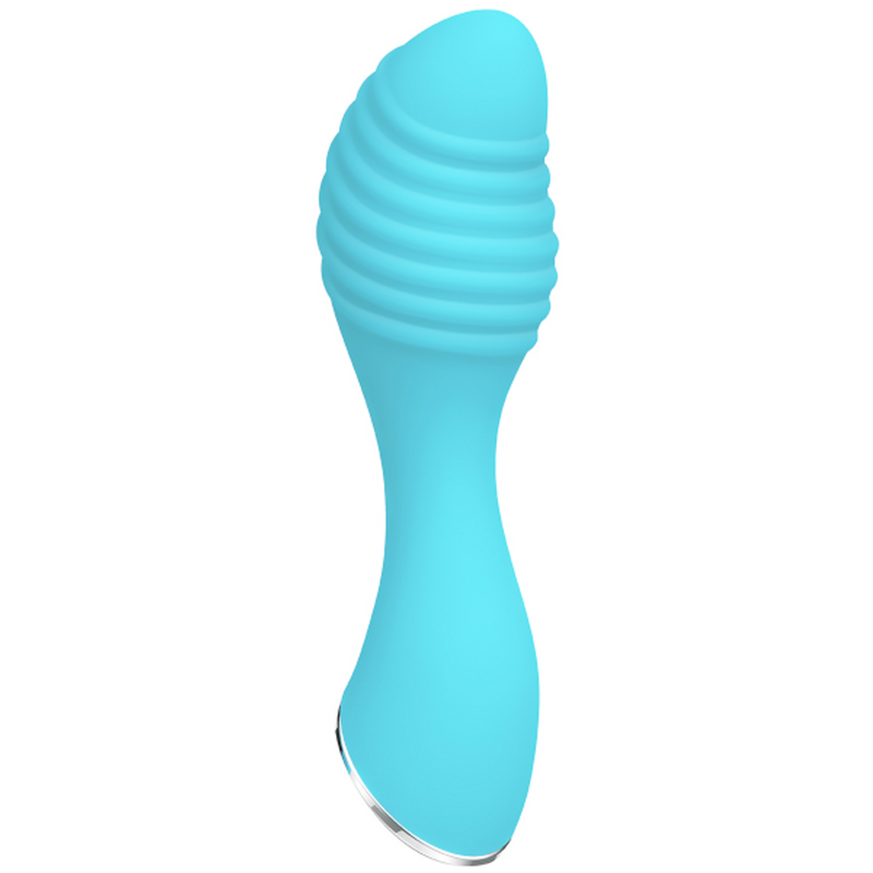 Evolved Little Dipper: turquoise silicone mini vibrator with a ribbed tip and silver base