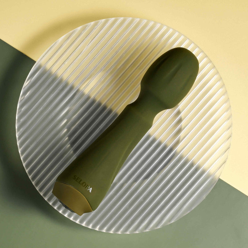 Selopa Heartfelt: olive green silicone mini wand vibrator with a ridged rounded head