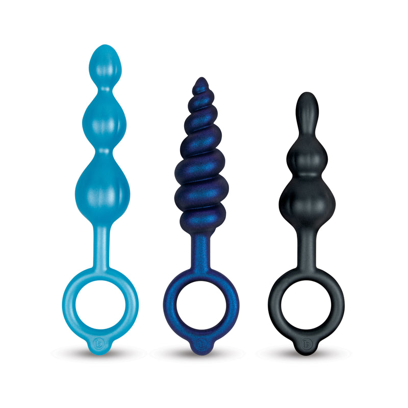 b-Vibe Beaded Butties 3-piece anal plug set: blue beaded, navy spiral and black beaded silicone plugs with ring pulls